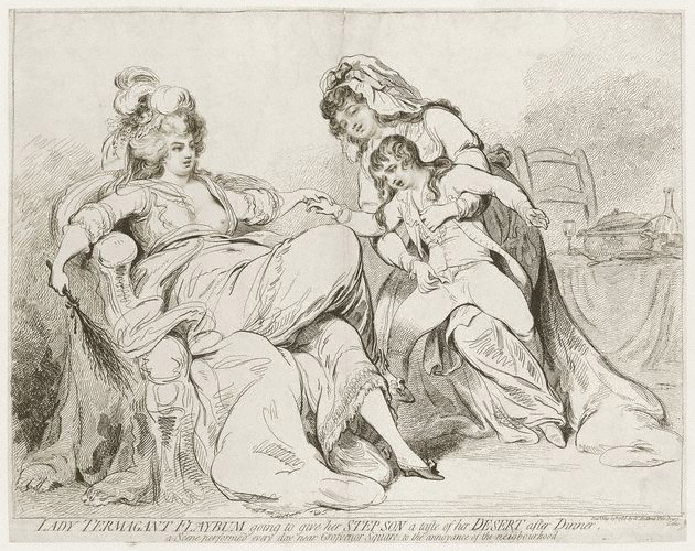 Two women, one lounging with a birch whip, the other pushing a small boy towards the first