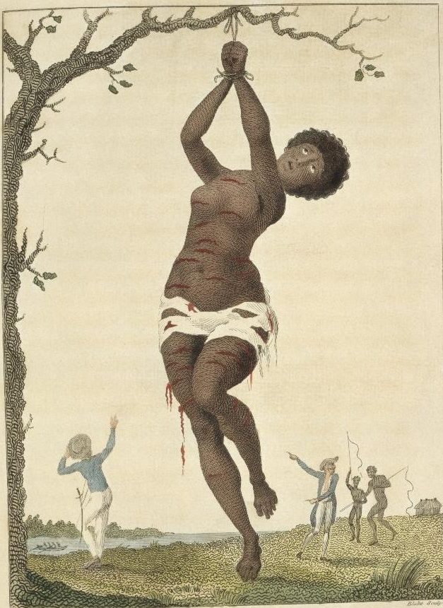 Engraving of black woman hanging by wrists being whipped.