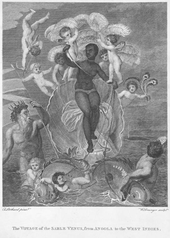 Illustration of bare-breasted African woman in baroque scene of gods and angels